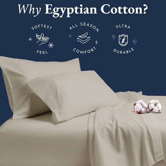 California Design Den Certified 100% Egyptian Cotton Sheets Set - TWIN XL, Beige - Picture 2 of 5